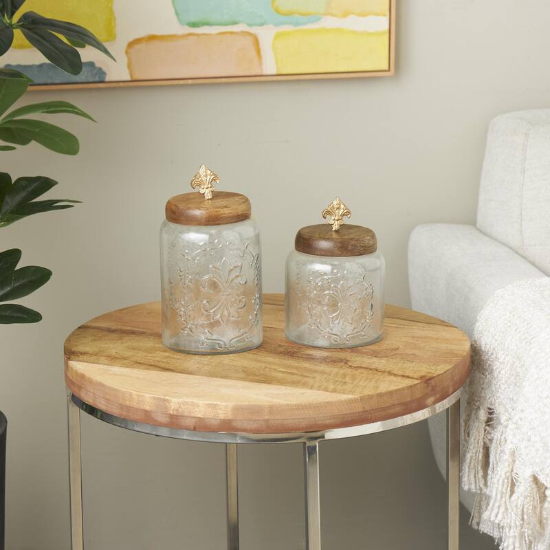 Glass Scroll Living Room Decorative Jars with Brown Wooden Lids and Gold Knobs - Set of 2 Clear - Roche River Decor