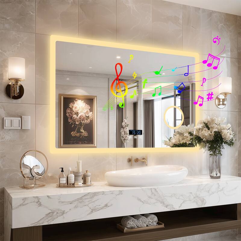 Bluetooth LED Bathroom Vanity Wall Mounted Mirror Double Speakers, 3X Magnifier, Backlit Mirror - 39.37" x 27.56"