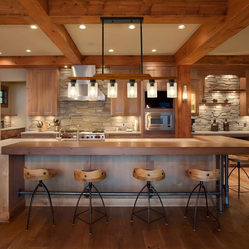 Farmhouse Chandelier for Dining Room Kitchen Island Rustic Wood Linear Pendant Light with Seed Glass Shade