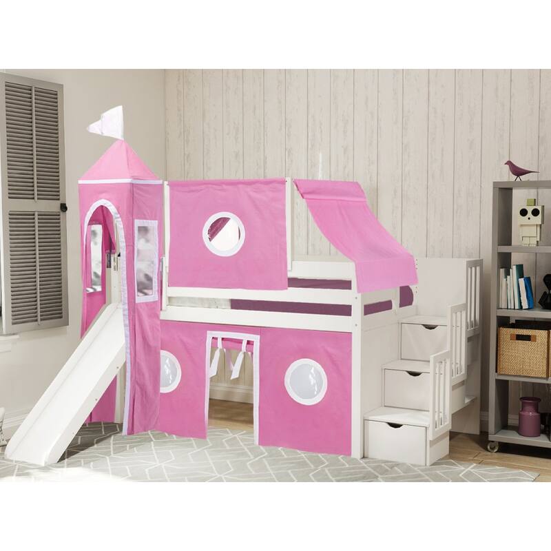JACKPOT Prince & Princess Low Loft Twin Bed, Stairs Slide Tent & Tower - White with Pink & White Tent