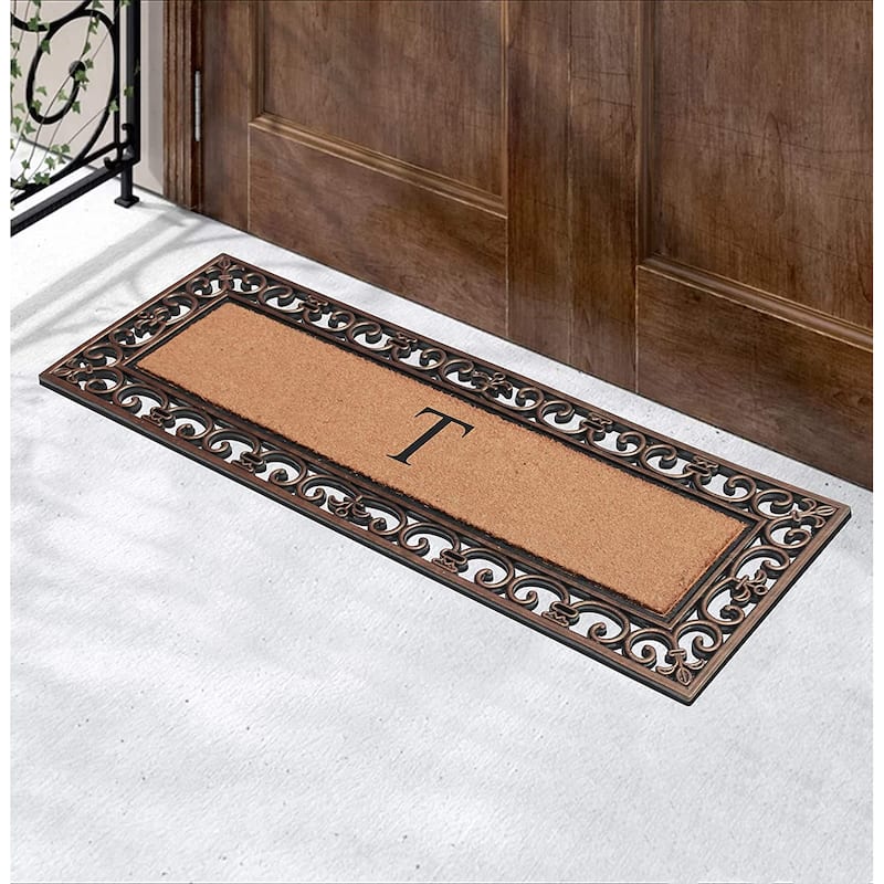 A1HC Rubber and Coir Paisley Border Myla Double Door Monogrammed Doormat Bronze