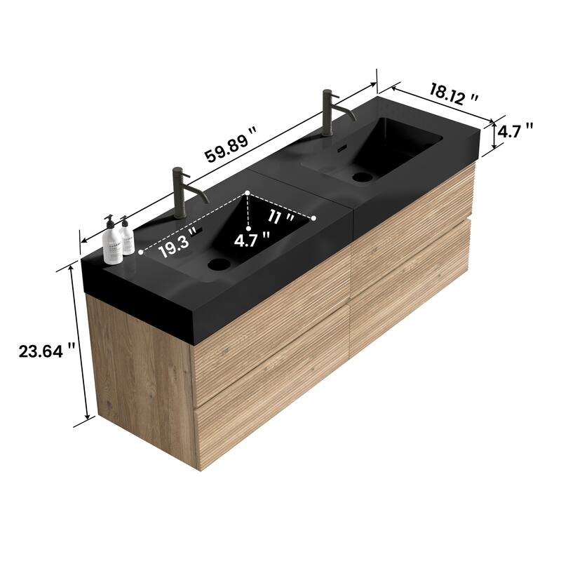 GDFStudio - Grace Wall-Mounted Bathroom Vanity with Engineered Quartz Sink & Soft Close Drawers, without Drainage and Faucet