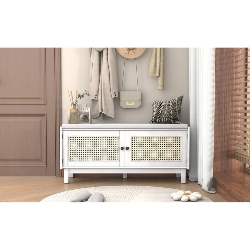 Roomfitters Entryway Storage Bench, Boho Rattan Cabinet, Hallway Organizer Seat with Cushion