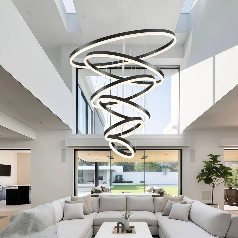 Modern LED Ring chandelier Large High Ceiling Chandelier - 6 ring - 31.49 in - Black