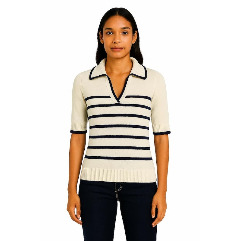 Nanette Lepore Women's Striped Knit Polo Top - Cannoli Cream/Nanette Navy - L