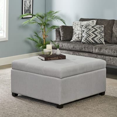 Charming Light Gray Storage Ottoman with Birch Wood Legs and Soft Close Lid