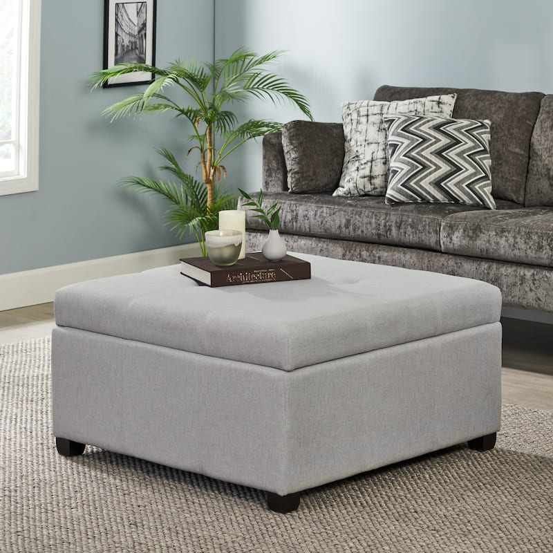 Roomfitters 35" Square Faux Leather Storage Ottoman with Lift-Top, Upholstered Footrest Bench for Living Room or Bedroom - Light Grey