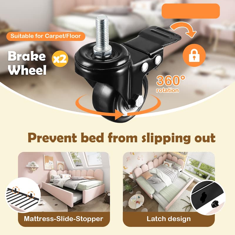 Twin Size Upholstered Daybed with Pull-Out Bed, Velvet Pink Sofa Bed for Adults and Kids, Metal Slatted Frame