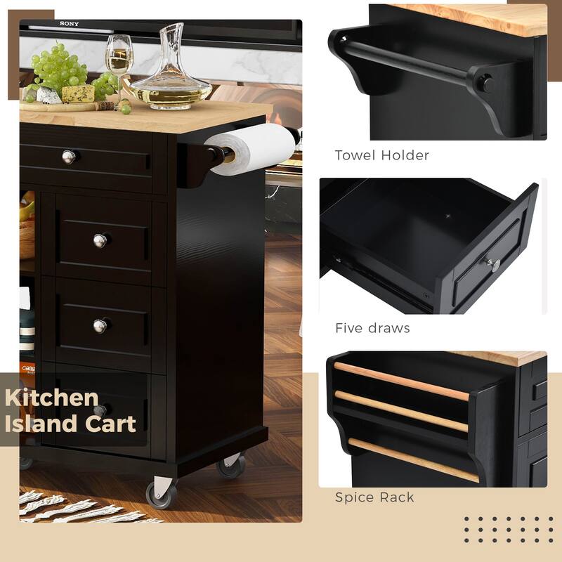 Kitchen Island with on Locking Wheels, Rolling Cart with Rubber Wood Desktop, Mobile Island with 3 Open Shelves & 5 Drawers