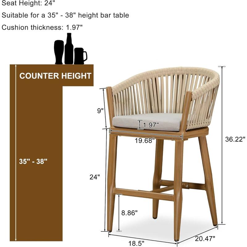 PURPLE LEAF Outdoor Counter Height Bar Stools Set of 4 Patio Aluminum Barstools with Back and Cushions