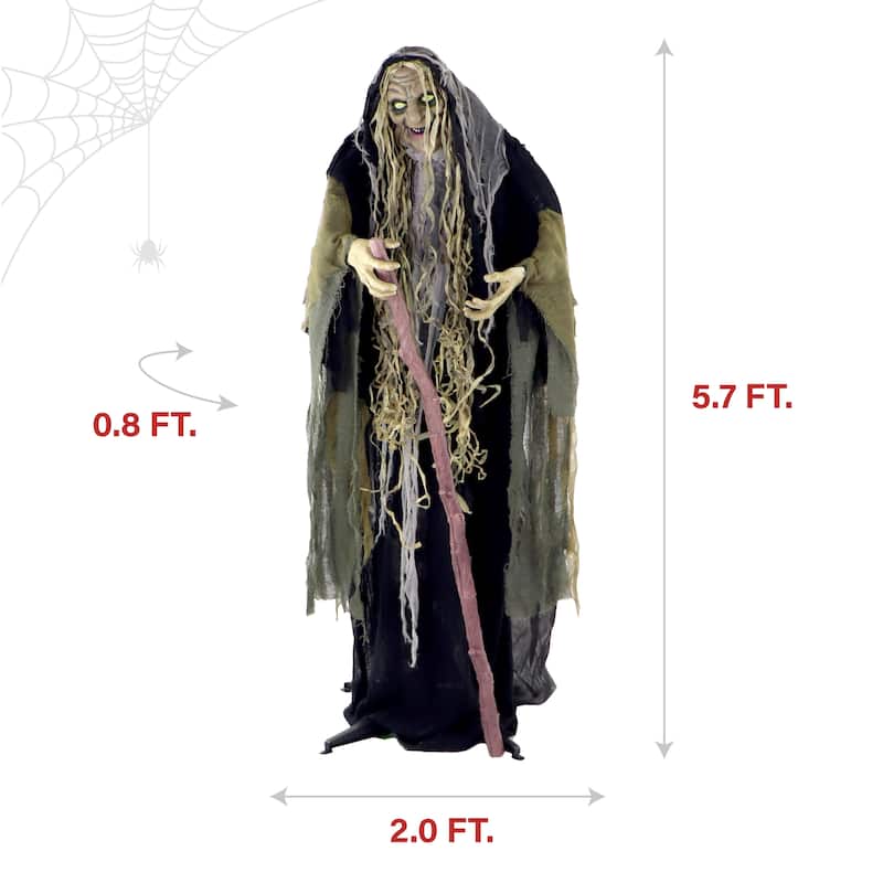 Haunted Hill Farm 5.7-Ft. Life-Size Talking Animatronic Witch with White Eyes