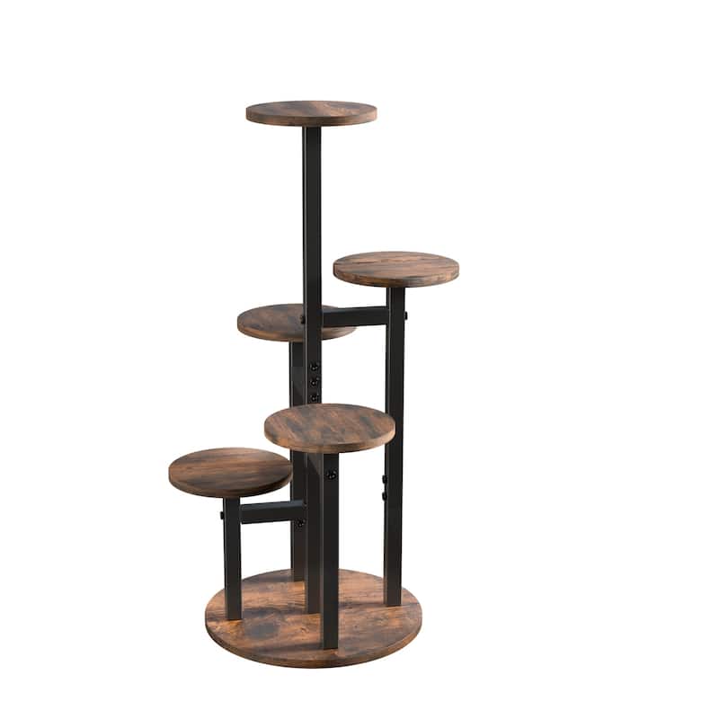 Iron Wood 5-Tier Plant Stand Round Corner Flower Shelf Indoor Outdoor