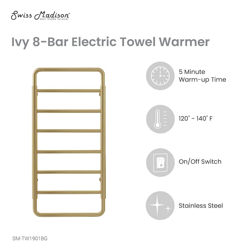 Ivy 8-Bar Electric Towel Warmer In Brushed Gold - 19.69" x 40.94" x 4.45"