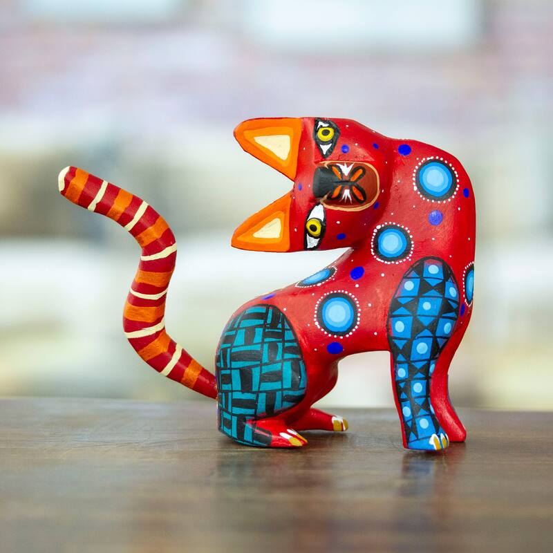 Novica Handmade Crimson Feline Questions Wood Alebrije Figurine