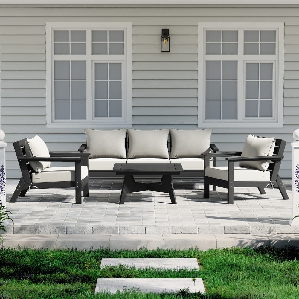 Birchwood All Weather HDPE Outdoor Patio Black Deep Seating Conversation Set (6-Piece Set)