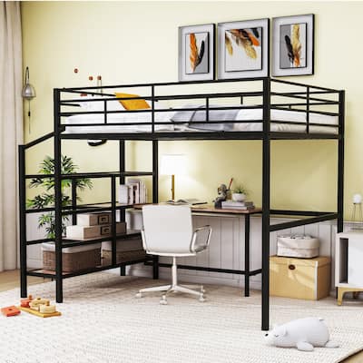 Full Size Chrome Metal Loft Bed with Built-in Desk and Lateral Storage Shelves, Space-Saving Design