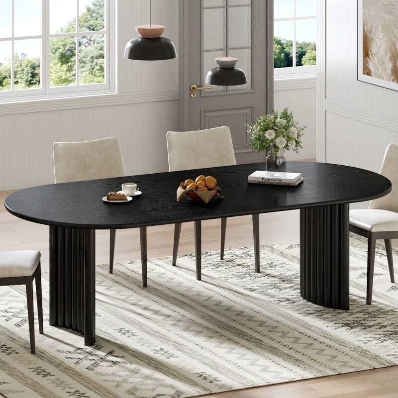 Oval Dining Table with Arc-Shaped Edge Top and Stripes Base Modern Farmhouse Kitchen Table for Living Room Dining Room