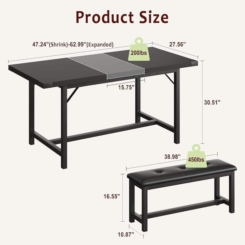 Extendable Kitchen Dining Table Set with 2 Upholstered Benche for 4 for Kitchen, Apartment, Studio