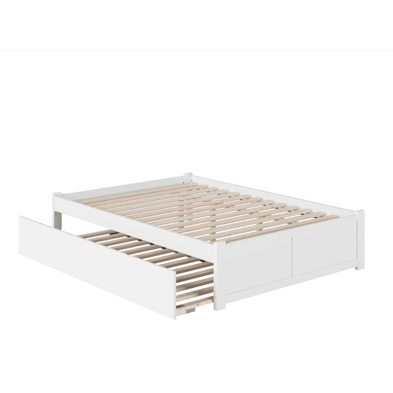 King Size Wood Platform Bed with Trundle - White Minimalist Design, Slat Kit Included