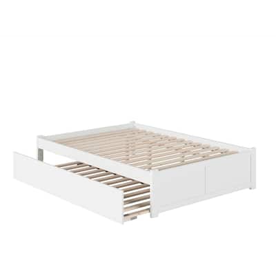 King Size Wood Platform Bed with Trundle - White Minimalist Design, Slat Kit Included