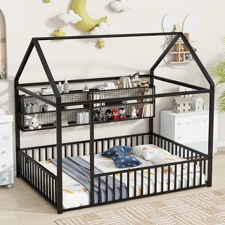 Full Size Metal House Bed Frame with Built-In Shelves and Fence, Space Saving Design