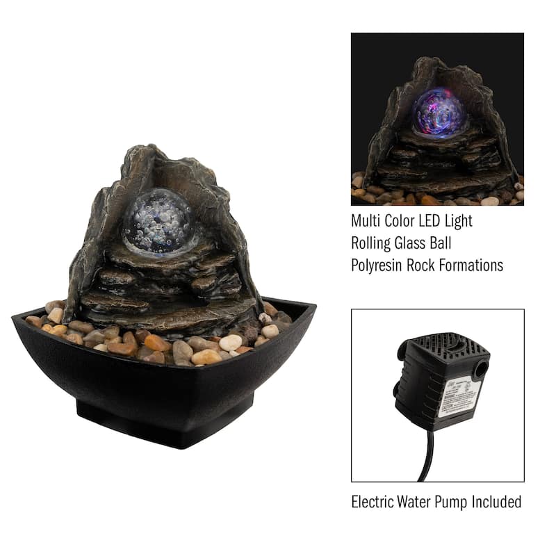 Rock Formation Tabletop Water Fountain with Rolling LED Light Glass Ball