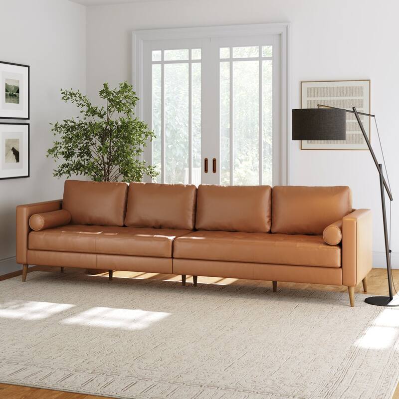 Breeze Mid Century Modern Sofa, Leather Couch with Tufted Cushion and Solid Wood Frame - 4-Seat Bench - No Chaise
