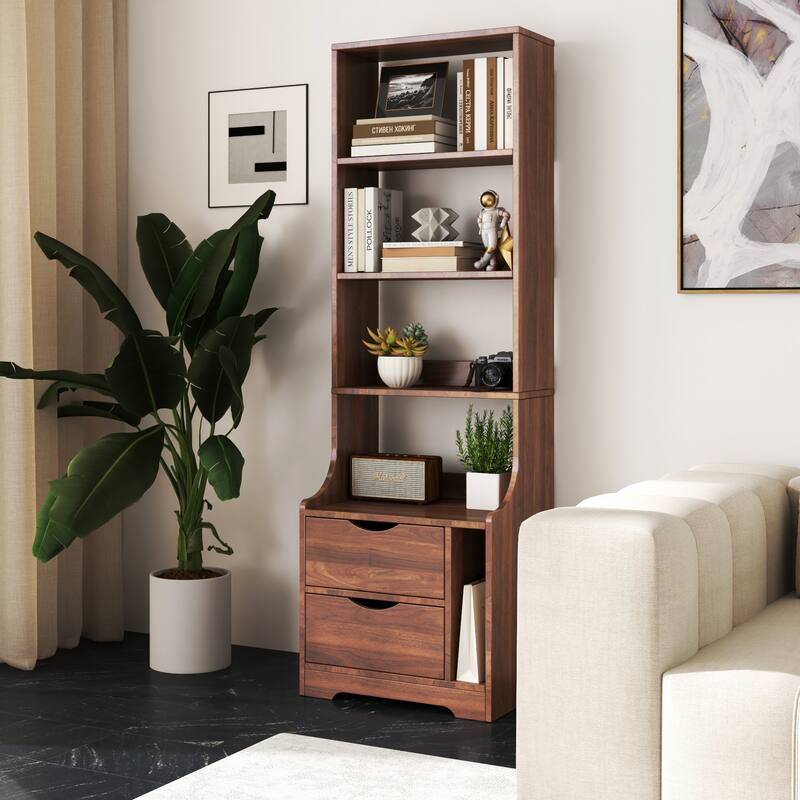 2-Drawer Tall Nightstand Bedside Table with Bookshelf Side Tables with Storage Shelves