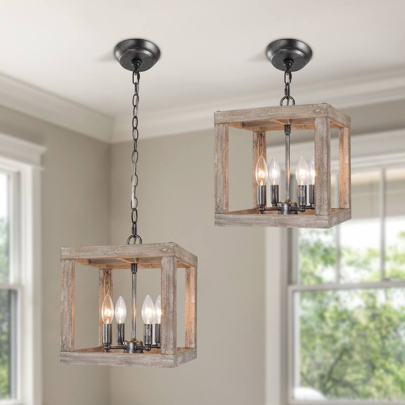 Kiria Modern Farmhouse 4-Light Wood Chandelier Rustic Kitchen Island Light Dimmable Dining Room Entryway