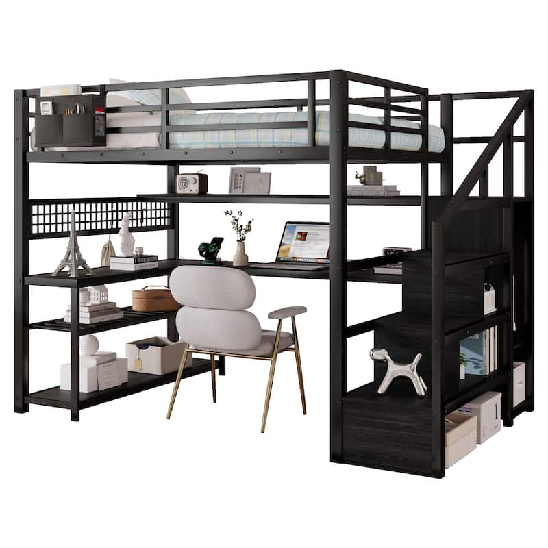 Full Size Loft Bed with Staircase and Wardrobe with Desk, Storage Shelves, LED Lights and Charge Station,Black