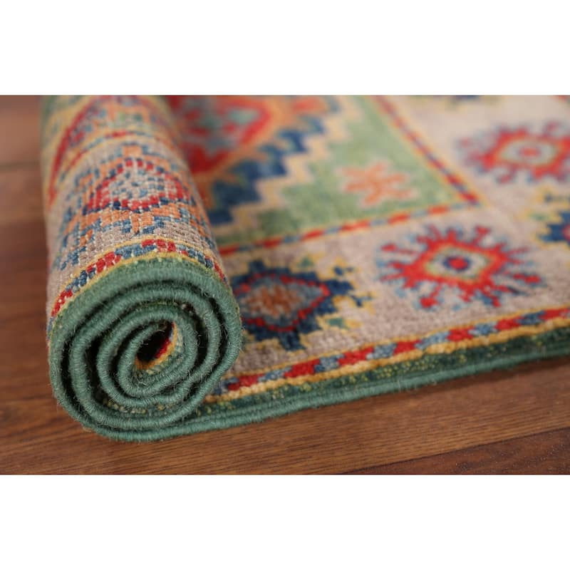 Green Geometric Kazak Accent Rug Hand-Knotted Wool Carpet - 2'0"x 2'11"
