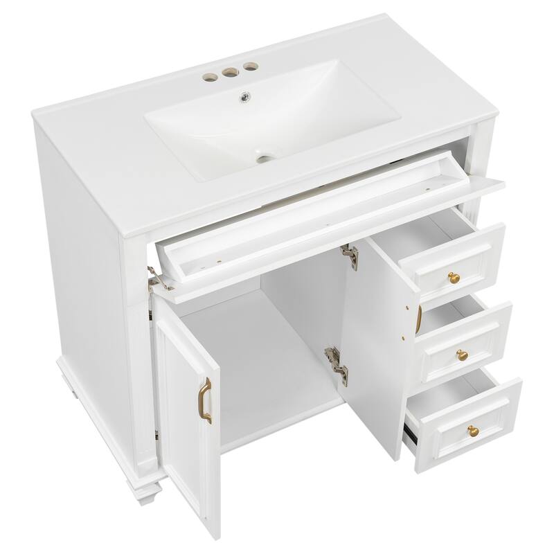 Roomfitters 36" Bathroom Vanity with Sink, Flip-Out Drawer, 3 Drawers, Soft-Close Doors, Solid Wood Cabinet