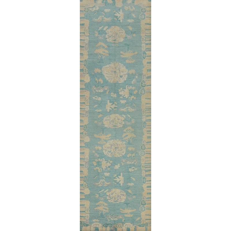 Hand Knotted Oriental 100% Wool Carpet Traditional Floral Navy Blue & Blues Ziegler Runner Rug - 18' 9'' X 4' 9''