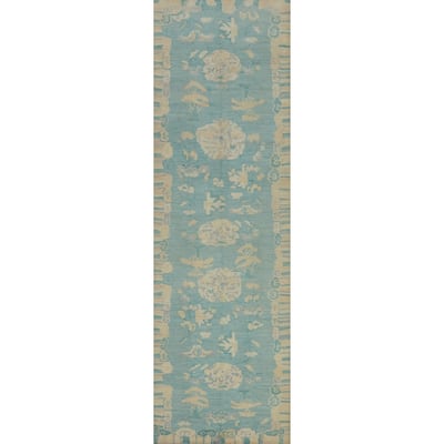 Hand Knotted Oriental 100% Wool Carpet Traditional Floral Navy Blue & Blues Ziegler Runner Rug - 18' 9'' X 4' 9''