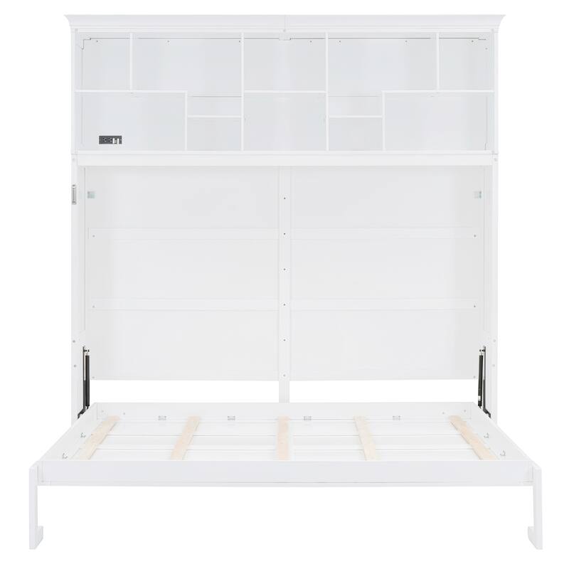 Foldable Wall Cabinet Bed Queen Size Murphy Bed with Open Top Shelves, Charging Station and Wooden Slat Support