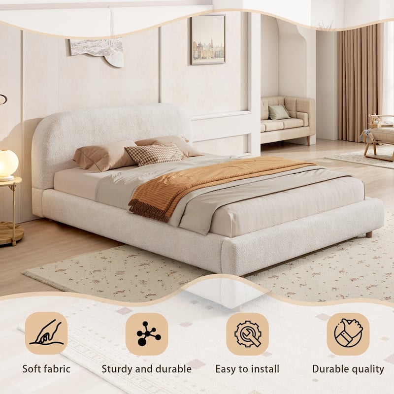 Upholstered Platform Bed with Curve-Shaped Design Headboard