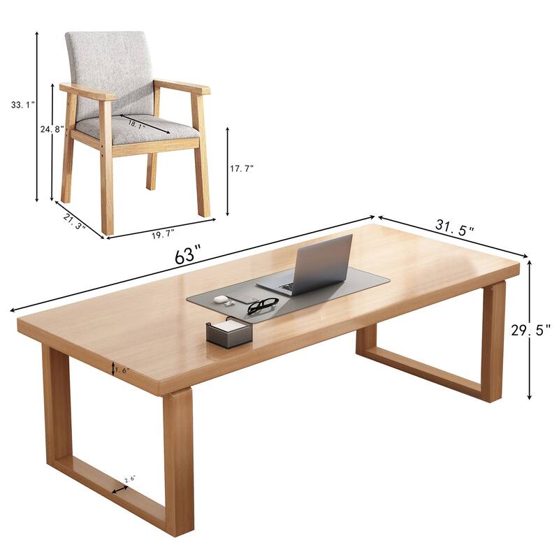 Double Computer Desk with 2 Chairs, Two Person Desk Workstation for Home Office, Natural
