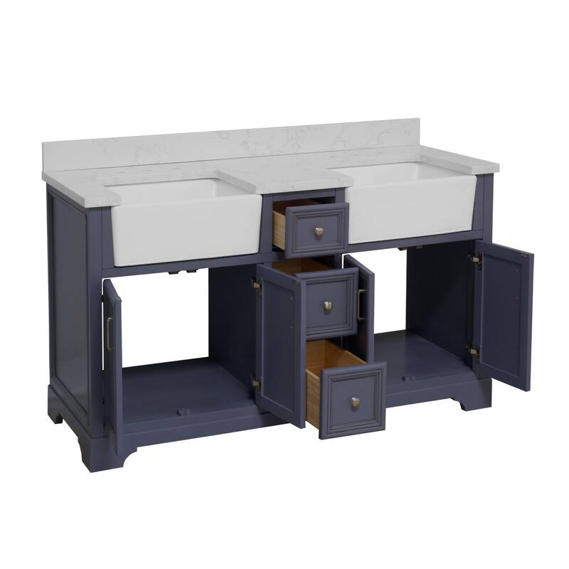KitchenBathCollection Zelda 60" Double Farmhouse Bathroom Vanity with Engineered Carrara Top