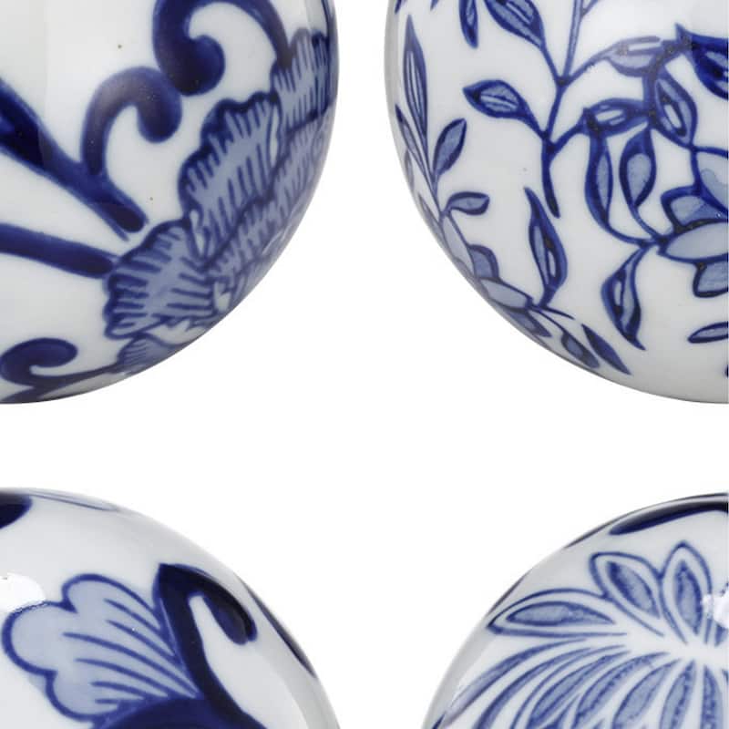 4 Inch Decorative Ball Set of 6 Orbs, Blue And White Printed Porcelain