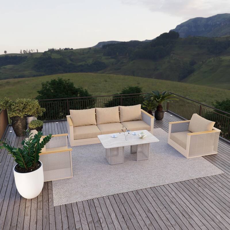 Arvin 4-Piece Outdoor Patio Conversation Set in Aluminum with Olefin Fabric Cushions Sintered Stone Rectangular Coffee Table