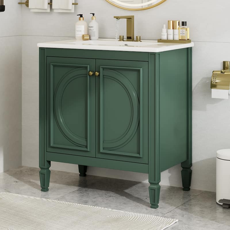 30" Farmhouse Bathroom Vanity with Sink Combo, Bathroom Storage Cabinet with 2 Soft-Closing Wood Barn Doors and Built-in Shelves - Green