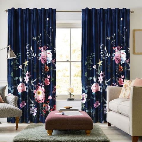 Zara Floral Printed Velvet Room Darkening Window Curtains - 2 Panels