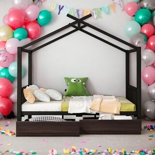 Full Size Roof Design Metal House Platform Bed with Two Storage Drawers,Headboard and Footboard For Bedroom