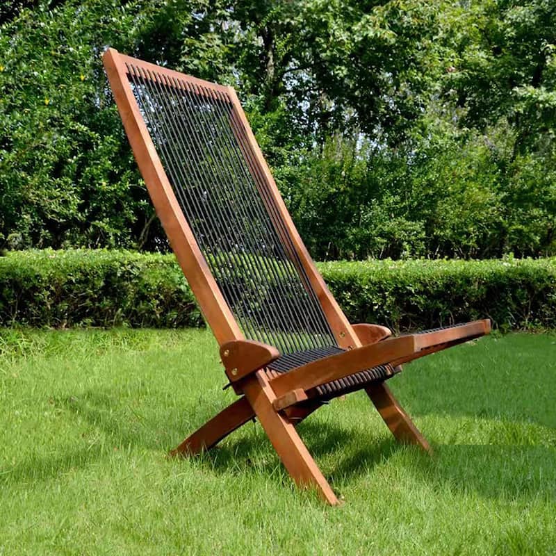 Folding Roping Solid Wood Outdoor Chair, Modern Low Profile Lounge Chair for Patio, Backyard, Deck, Porch, Poolside Garden, Lawn