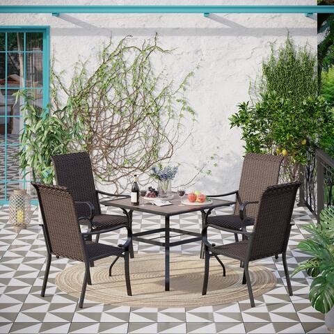 PHI VILLA 5-Piece Rattan Dining Chairs & Wood-look Square Table Patio Dining Set