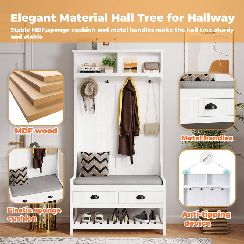 3 in 1 Hallway Hall Tree with 2 Storage Drawer and 4 Coat Rack