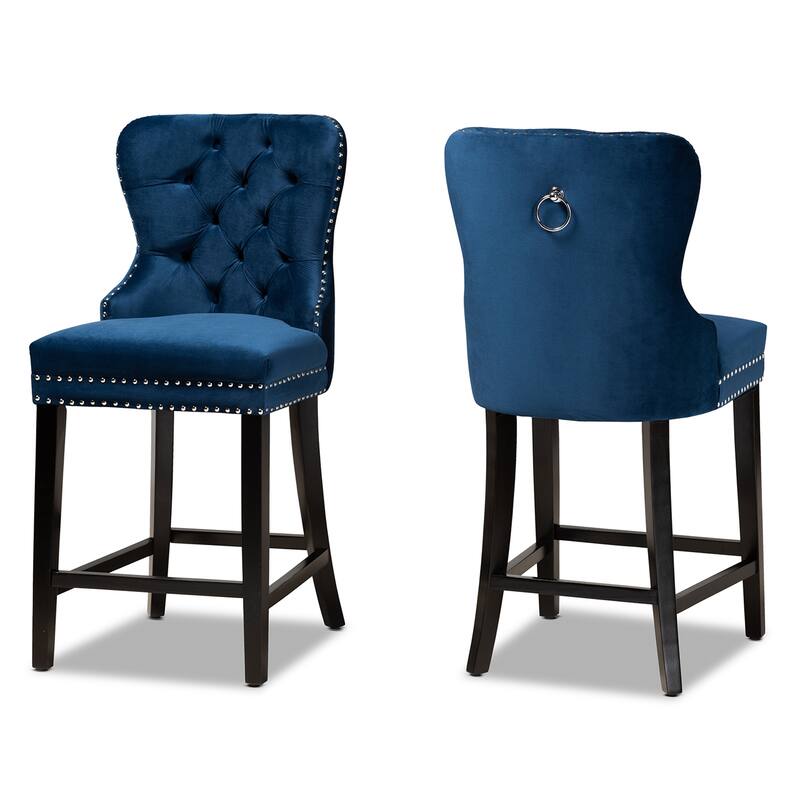 Howell Modern Transitional Velvet and Dark Wood 2-PC Counter Stool Set - Navy Blue