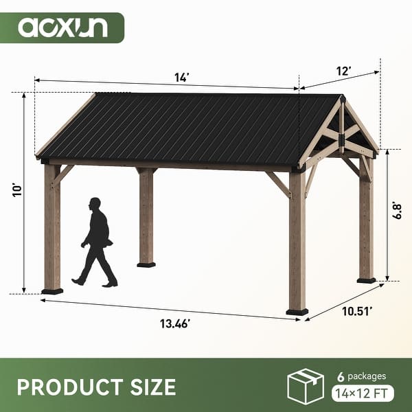 dimension image slide 3 of 6, Aoxun Outdoor Cedar Wood Gazebo with Double Hardtop Roof
