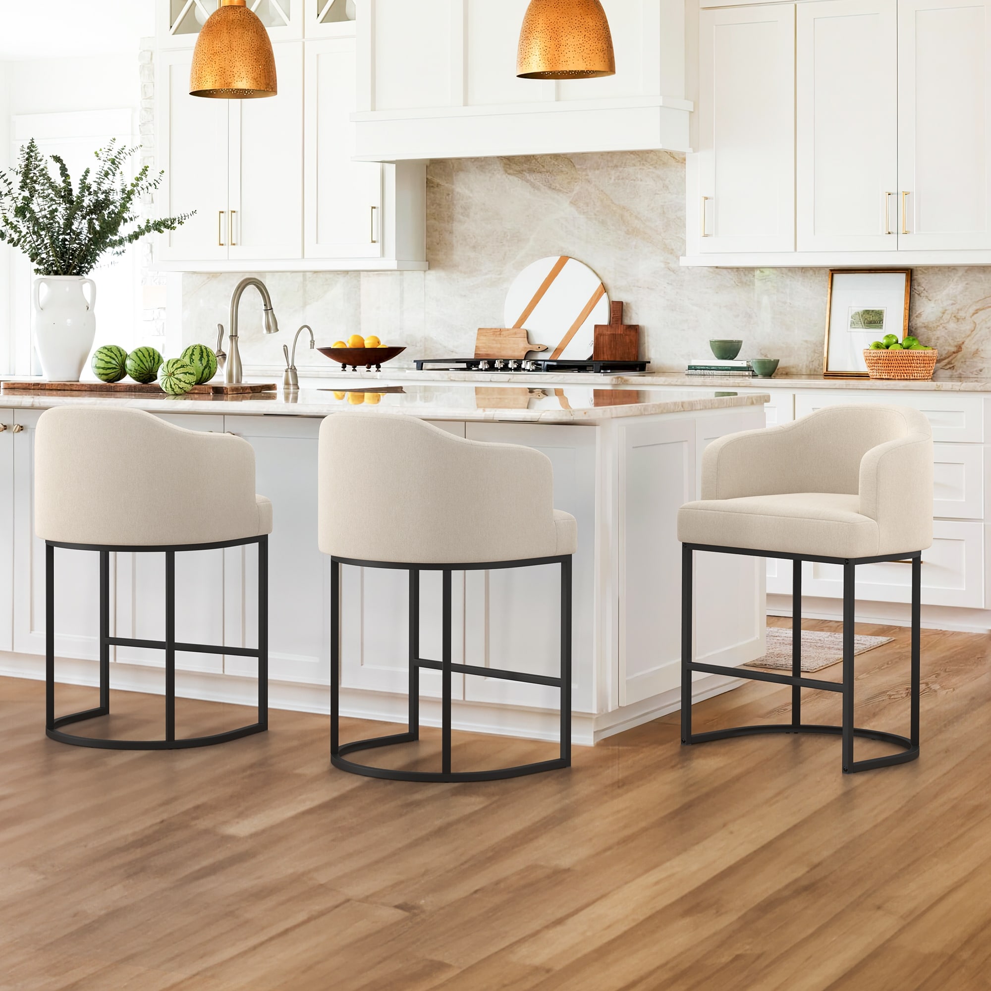 LUE BONA 26 in. Modern Counter Height Barstools Fabric/PU Upholstered Bar Stools Barrel Kitchen Island Stools