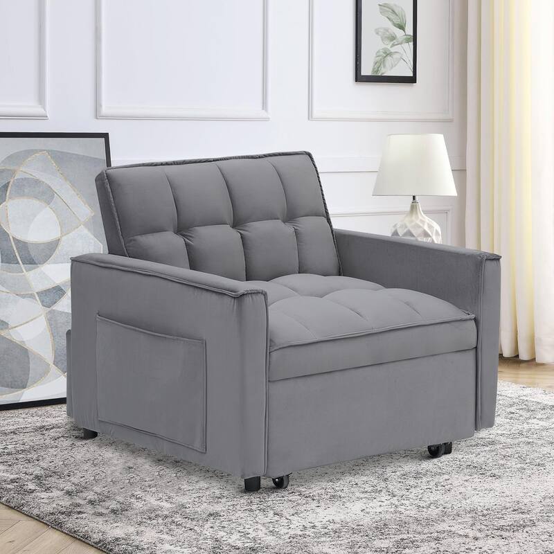 Classic Velvet Upholstered Convertible Futon Chair with Side Storage Pockets - Dark Gray